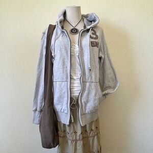 Y2K American Eagle Full Zip Up Hoodie Sweatshirt Gray XS Mens Thermal Lined 2000